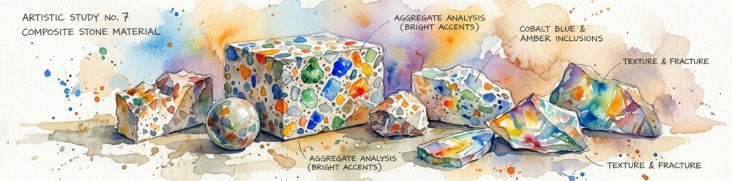 Watercolor Illustration of Composite Stone Material Study with Aggregate Analysis
