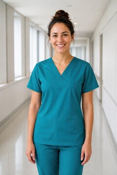 Smiling nurse in plain scrubs standing in a bright corridor