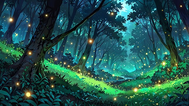 Fantasy forest with a green to gold gradient, glowing anime sparkles and fireflies