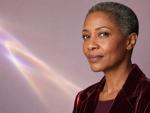 Mature woman in burgundy with prismatic light and copy space