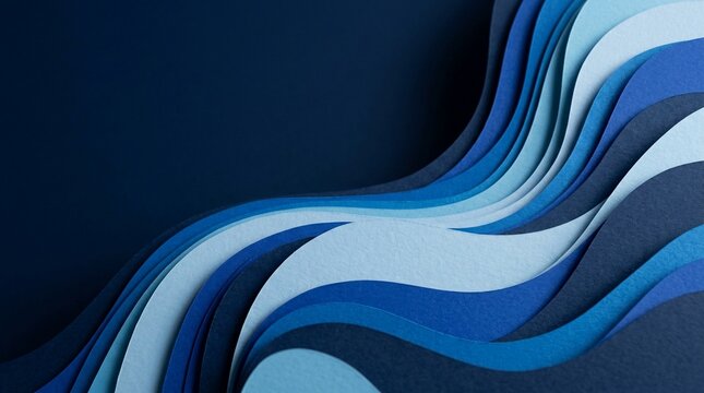 Abstract flowing waves of blue paper cut in layers creating depth and movement