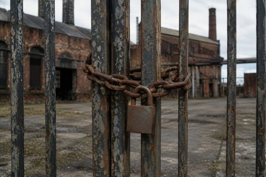 Rusted chain and padlock closing a disused factory gate