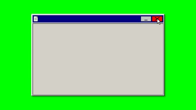 2D animation of a blank retro window with a pixel cursor clicking the red close button on a green screen. Ideal for classic UI and nostalgic computer design