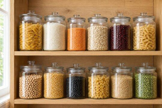 Pantry shelves lined with glass jars of pasta pulses and grains