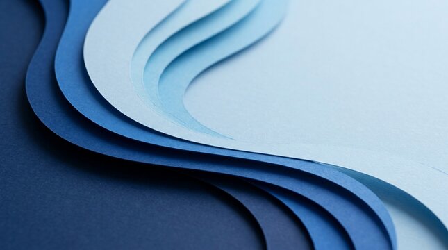 Abstract flowing waves of blue paper layers create a dynamic modern background