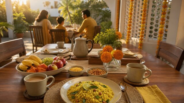 A festive breakfast table with poha, fruit, tea and understated marigold accents, tactile contextual close detail, for holiday campaigns