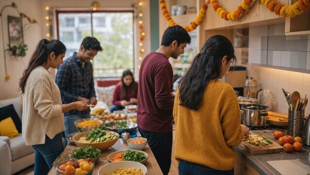 A group of university friends preparing a shared vegetarian Diwali meal in student housing, candid medium action view, for holiday campaigns