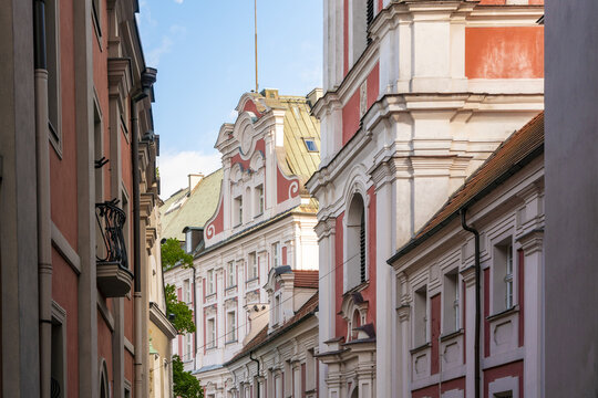 View of the historic baroque facade of the Parish Church of St. Stanislaus in the old town of Poznan, Greater Poland Voivod, Poland.