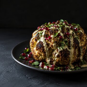 Whole roasted cauliflower dressed with herbs and tahini