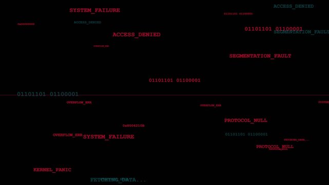 Digital terminal error code scrolling with red system failure logs and blue binary text for cyber security background.