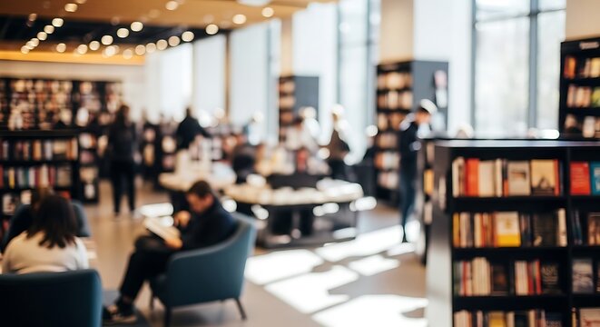 Blurred Students Reading Among Bookshelves in Bright Modern Library