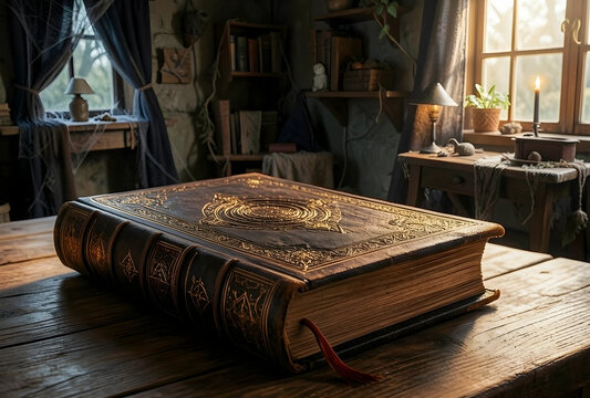 Knowledge and wisdom concept, antique leather book with gold embossing on a rustic wooden table in a vintage library study with soft natural window light