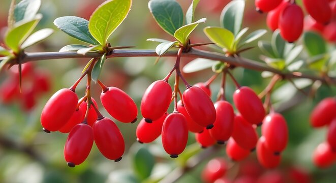 Bright Red Barberry Berries Hanging on Leafy Branch in Sunlit Garden