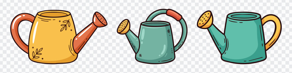 Set of three colorful watering can vectors in yellow and teal with simple garden tool details, ideal for gardening, plant care, landscaping, nursery graphics, stickers and outdoor design projects. © VectorBloomX