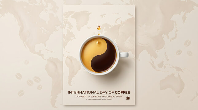 A cup of coffee with a ying yang design on the foam set against a world map background yin yang coffee art hot beverage
