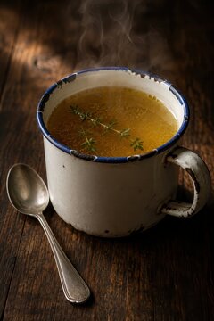 Steaming broth served in a handled enamel mug