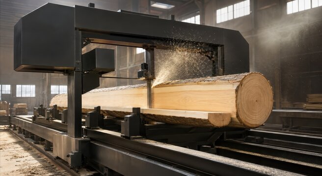 Bandsaw slicing a fresh plank from a long log in a sawmill