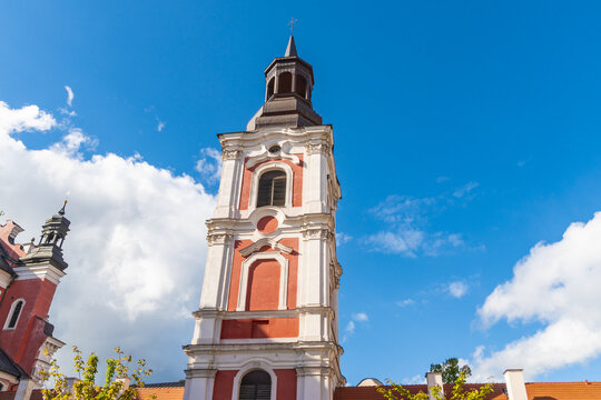 View of the baroque facade and bell tower of the Parish Church of St. Stanislaus in Poznan, Greater Poland Voivod, Poland.