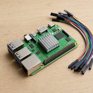 Single board computer with coloured jumper leads on a wooden bench