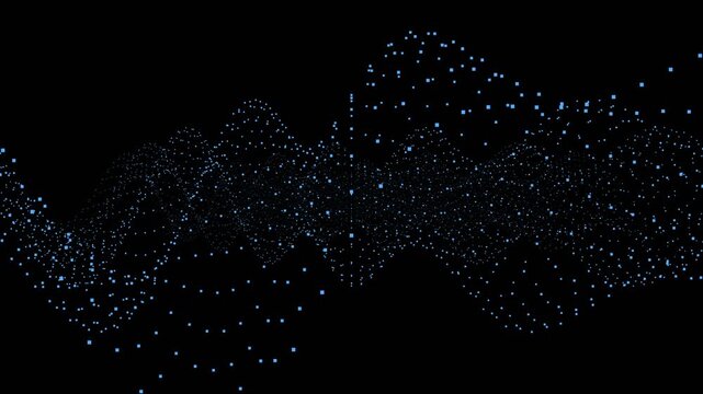 Digital blue particle field undulating in wave motion with glowing pixel shards for technology background.