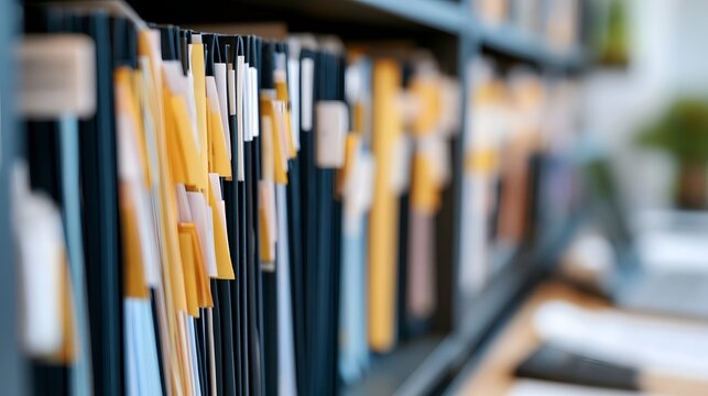 Rows of organized file folders with colored tabs on a shelf in an office setting  shallow depth of field