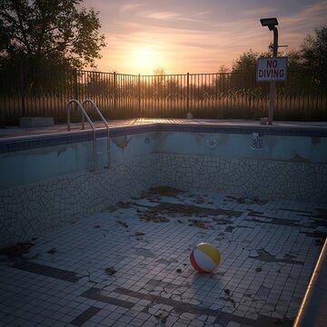 Empty Abandoned Swimming Pool with Beach Ball at Sunset