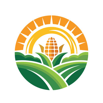 An agriculture logo featuring a corn cob surrounded by green fields and a sun, symbolizing growth, sustainability, and the essence of farming and nature.