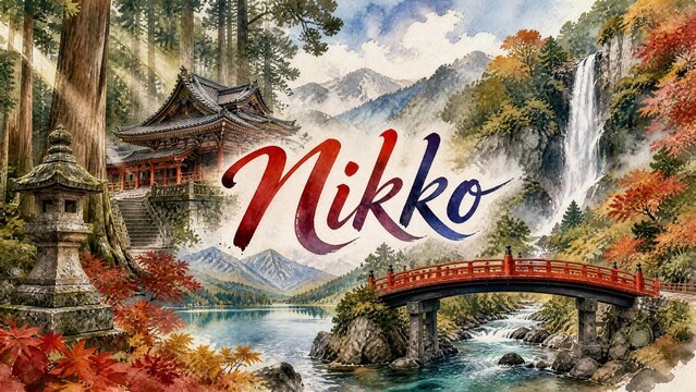 Nikko Japan Travel Illustration with Shrine Waterfall and Red Bridge