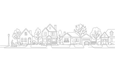 A simple black and white line art drawing of a quiet suburban street with houses and trees © MDOMOR