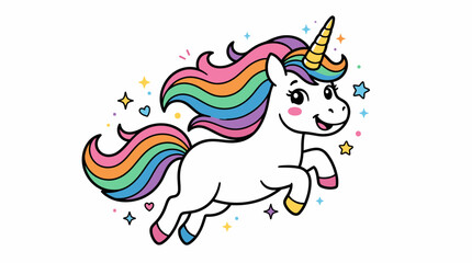 Cute magical rainbow unicorn galloping with stars and hearts vector illustration © Annida