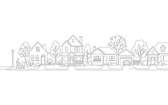 A simple black and white line art drawing of a quiet suburban street with houses and trees
