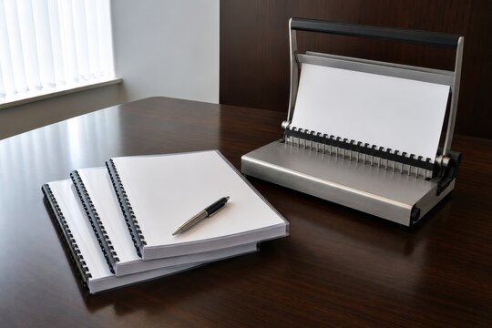 Blank comb bound tender documents and a binding machine on a meeting table