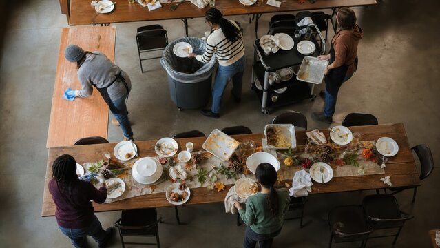A volunteer team cleaning a community dining hall after a free holiday meal, panoramic commercial banner view, for commercial stock use