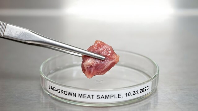 Metal tweezers holding a piece of raw lab grown meat over a glass petri dish with a label on a steel surface