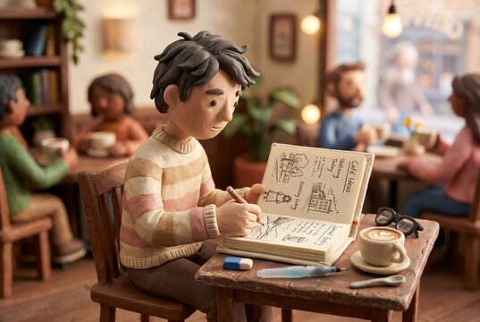 Clay Style Figurine Sketching in Cafe Notebook