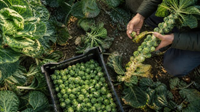 A farmer harvesting Brussels sprouts in cool late autumn light before the holiday market, candid medium action view, for holiday campaigns