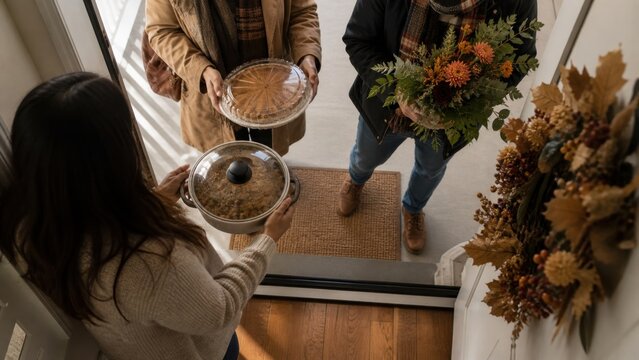 Friends arriving at an apartment doorway carrying covered homemade dishes and flowers, candid medium action view, for seasonal stock use