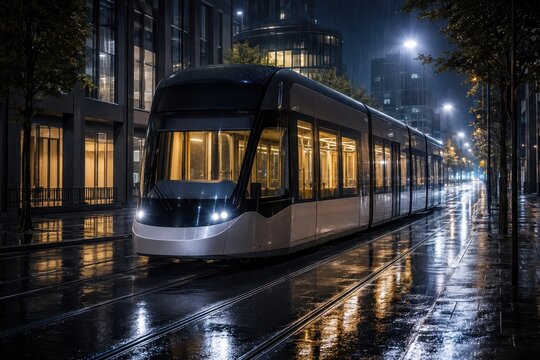 Tram gliding along a wet city street on a rainy night