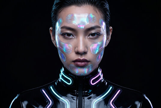 Futuristic Cyberpunk Asian Woman with Holographic Face Interface