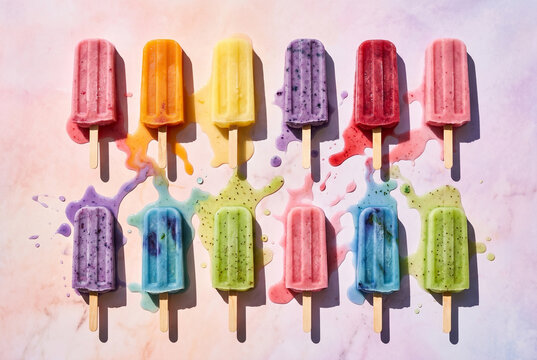 Colorful Fruit Popsicles Melting on Pastel Background