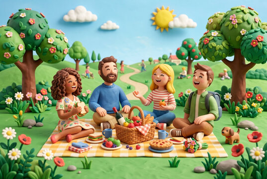 Diverse Friends Enjoying Picnic in Sunny Park Claymation