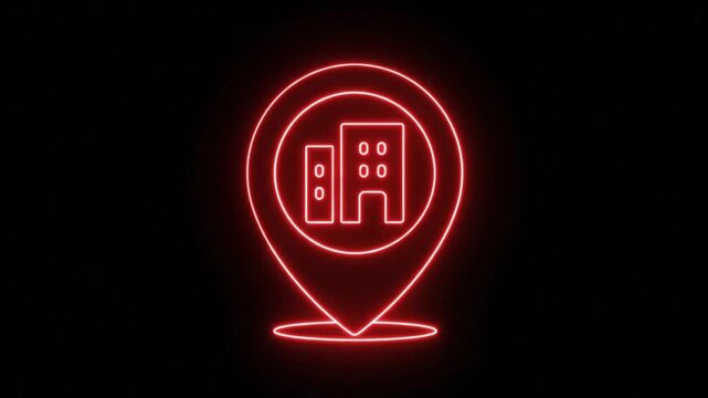 Red neon map pin icon with building symbol. Glowing office location marker on black background. Digital navigation and real estate pointer.