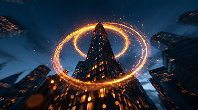 Futuristic Smart City Skyscraper with Glowing Light Trails