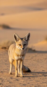 Alert Fennec Fox Standing on Sandy Desert Dune at Sunset
