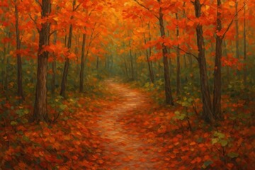 Naklejka premium Vibrant autumn forest path illustration.