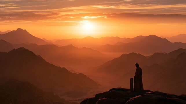 Biblical figure of moses holding tablets of the law on a mountain summit during a golden sunrise