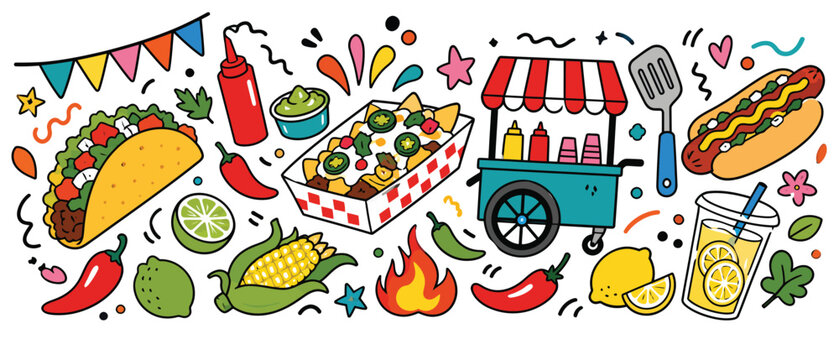 Street food snacks tacos nachos and hot dogs set.