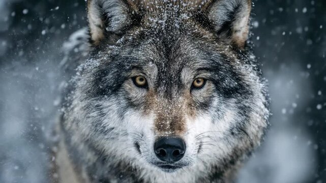 Close up portrait of a grey wolf in a winter snowstorm looking at the camera.