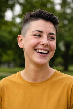 Young woman with an undercut and nose ring laughing outdoors