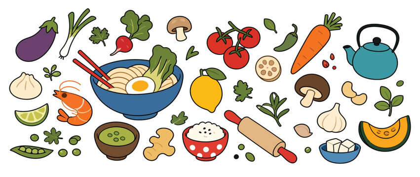 Asian food ingredients and ramen noodle collection.